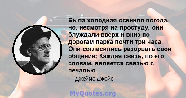 Была холодная осенняя погода, но, несмотря на простуду, они блуждали вверх и вниз по дорогам парка почти три часа. Они согласились разорвать свой общение; Каждая связь, по его словам, является связью с печалью.