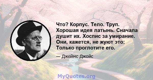 Что? Корпус. Тело. Труп. Хорошая идея латынь. Сначала душит их. Хоспис за умирание. Они, кажется, не жуют это; Только проглотите его.