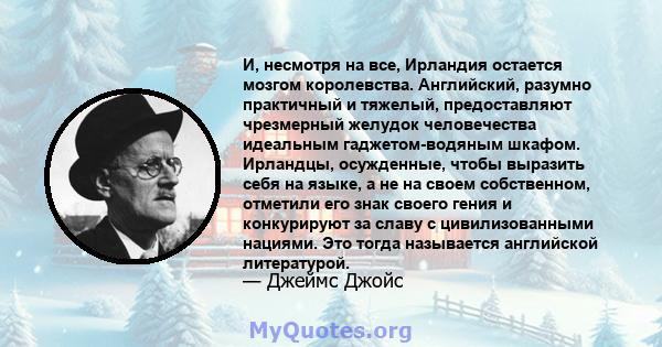 И, несмотря на все, Ирландия остается мозгом королевства. Английский, разумно практичный и тяжелый, предоставляют чрезмерный желудок человечества идеальным гаджетом-водяным шкафом. Ирландцы, осужденные, чтобы выразить