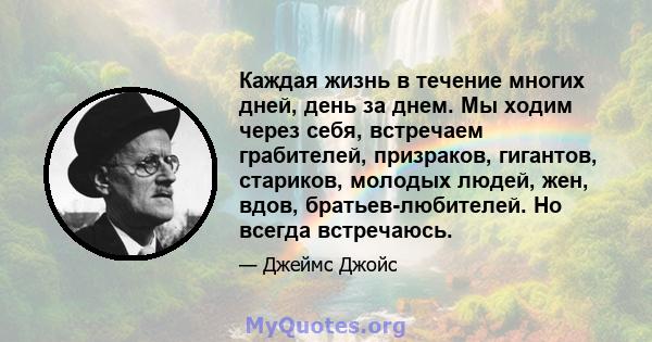 Каждая жизнь в течение многих дней, день за днем. Мы ходим через себя, встречаем грабителей, призраков, гигантов, стариков, молодых людей, жен, вдов, братьев-любителей. Но всегда встречаюсь.