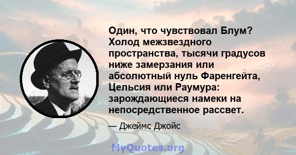 Один, что чувствовал Блум? Холод межзвездного пространства, тысячи градусов ниже замерзания или абсолютный нуль Фаренгейта, Цельсия или Раумура: зарождающиеся намеки на непосредственное рассвет.