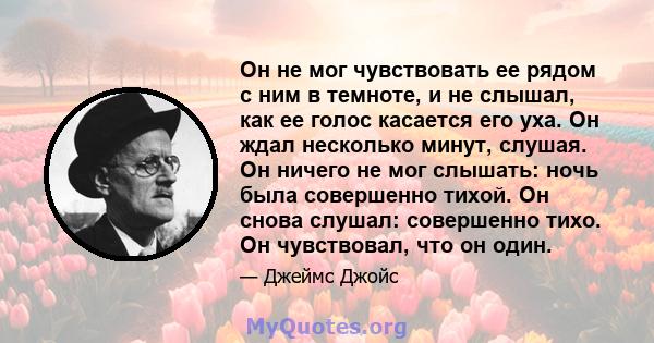 Он не мог чувствовать ее рядом с ним в темноте, и не слышал, как ее голос касается его уха. Он ждал несколько минут, слушая. Он ничего не мог слышать: ночь была совершенно тихой. Он снова слушал: совершенно тихо. Он