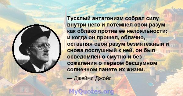 Тусклый антагонизм собрал силу внутри него и потемнел свой разум как облако против ее нелояльности: и когда он прошел, облачно, оставляя свой разум безмятежный и снова послушный к ней, он был осведомлен о смутно и без