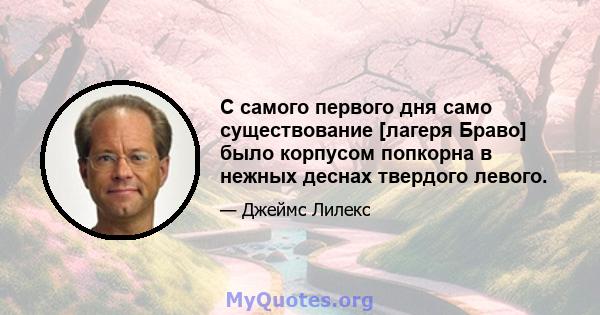 С самого первого дня само существование [лагеря Браво] было корпусом попкорна в нежных деснах твердого левого.