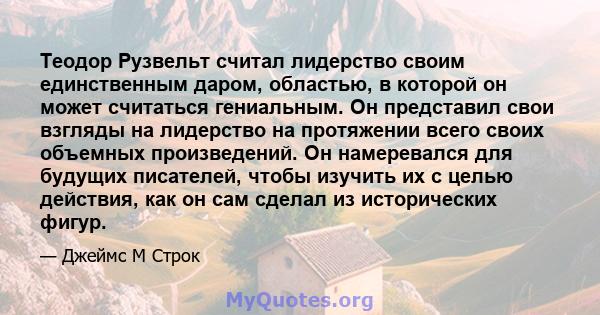 Теодор Рузвельт считал лидерство своим единственным даром, областью, в которой он может считаться гениальным. Он представил свои взгляды на лидерство на протяжении всего своих объемных произведений. Он намеревался для