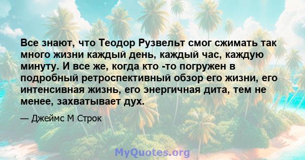 Все знают, что Теодор Рузвельт смог сжимать так много жизни каждый день, каждый час, каждую минуту. И все же, когда кто -то погружен в подробный ретроспективный обзор его жизни, его интенсивная жизнь, его энергичная