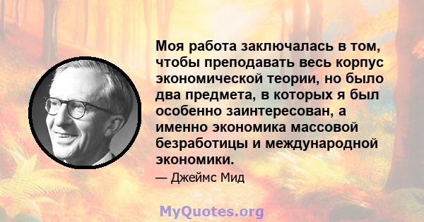 Моя работа заключалась в том, чтобы преподавать весь корпус экономической теории, но было два предмета, в которых я был особенно заинтересован, а именно экономика массовой безработицы и международной экономики.