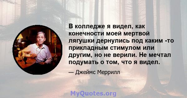 В колледже я видел, как конечности моей мертвой лягушки дернулись под каким -то прикладным стимулом или другим, но не верили. Не мечтал подумать о том, что я видел.