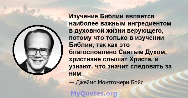 Изучение Библии является наиболее важным ингредиентом в духовной жизни верующего, потому что только в изучении Библии, так как это благословлено Святым Духом, христиане слышат Христа, и узнают, что значит следовать за