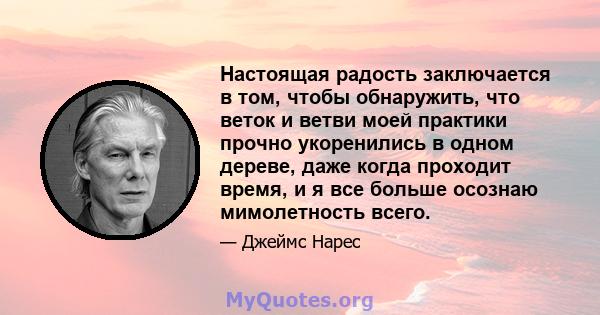 Настоящая радость заключается в том, чтобы обнаружить, что веток и ветви моей практики прочно укоренились в одном дереве, даже когда проходит время, и я все больше осознаю мимолетность всего.