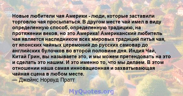 Новые любители чая Америки - люди, которые заставили торговлю чая просыпаться. В другом месте чай имел в виду определенную способ, определенную традицию, на протяжении веков, но это Америка! Американский любитель чая