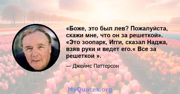 «Боже, это был лев? Пожалуйста, скажи мне, что он за решеткой». «Это зоопарк, Игги, сказал Наджа, взяв руки и ведет его.« Все за решеткой ».