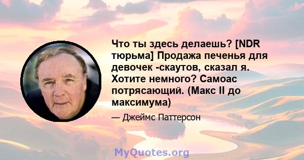 Что ты здесь делаешь? [NDR тюрьма] Продажа печенья для девочек -скаутов, сказал я. Хотите немного? Самоас потрясающий. (Макс II до максимума)