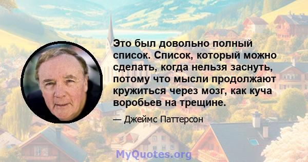 Это был довольно полный список. Список, который можно сделать, когда нельзя заснуть, потому что мысли продолжают кружиться через мозг, как куча воробьев на трещине.