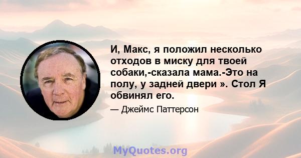 И, Макс, я положил несколько отходов в миску для твоей собаки,-сказала мама.-Это на полу, у задней двери ». Стол Я обвинял его.