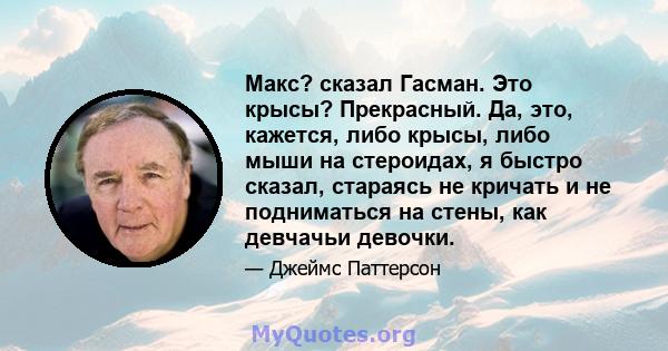 Макс? сказал Гасман. Это крысы? Прекрасный. Да, это, кажется, либо крысы, либо мыши на стероидах, я быстро сказал, стараясь не кричать и не подниматься на стены, как девчачьи девочки.