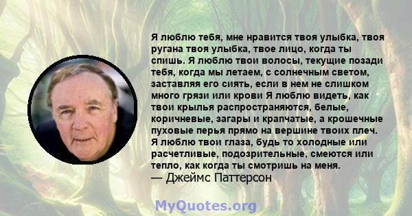 Я люблю тебя, мне нравится твоя улыбка, твоя ругана твоя улыбка, твое лицо, когда ты спишь. Я люблю твои волосы, текущие позади тебя, когда мы летаем, с солнечным светом, заставляя его сиять, если в нем не слишком много 