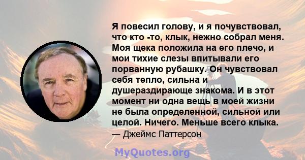 Я повесил голову, и я почувствовал, что кто -то, клык, нежно собрал меня. Моя щека положила на его плечо, и мои тихие слезы впитывали его порванную рубашку. Он чувствовал себя тепло, сильна и душераздирающе знакома. И в 