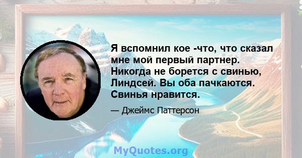 Я вспомнил кое -что, что сказал мне мой первый партнер. Никогда не борется с свинью, Линдсей. Вы оба пачкаются. Свинья нравится.