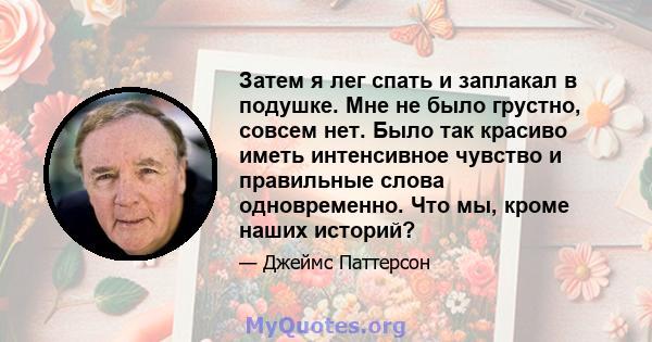 Затем я лег спать и заплакал в подушке. Мне не было грустно, совсем нет. Было так красиво иметь интенсивное чувство и правильные слова одновременно. Что мы, кроме наших историй?