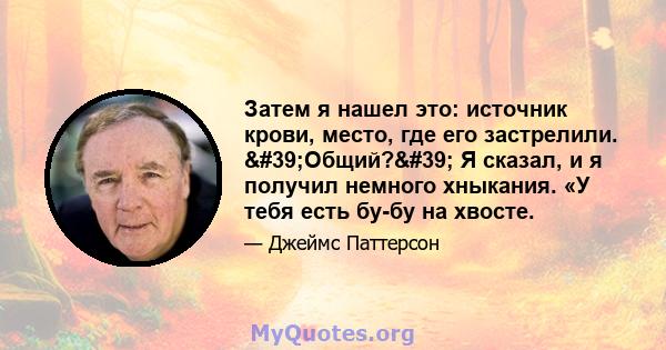 Затем я нашел это: источник крови, место, где его застрелили. 'Общий?' Я сказал, и я получил немного хныкания. «У тебя есть бу-бу на хвосте.