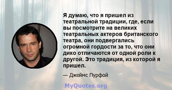 Я думаю, что я пришел из театральной традиции, где, если вы посмотрите на великих театральных актеров британского театра, они подвергались огромной гордости за то, что они дико отличаются от одной роли к другой. Это