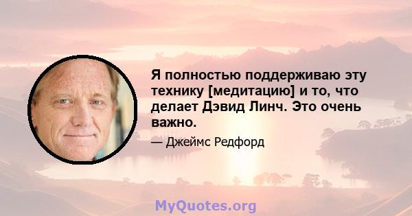 Я полностью поддерживаю эту технику [медитацию] и то, что делает Дэвид Линч. Это очень важно.