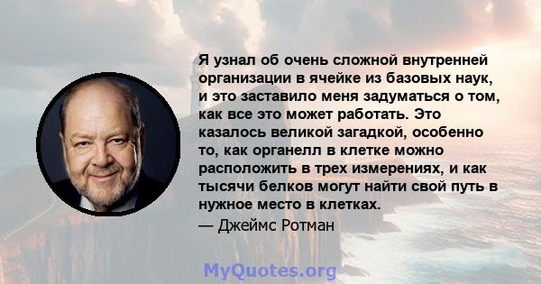 Я узнал об очень сложной внутренней организации в ячейке из базовых наук, и это заставило меня задуматься о том, как все это может работать. Это казалось великой загадкой, особенно то, как органелл в клетке можно