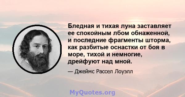 Бледная и тихая луна заставляет ее спокойным лбом обнаженной, и последние фрагменты шторма, как разбитые оснастки от боя в море, тихой и немногие, дрейфуют над мной.