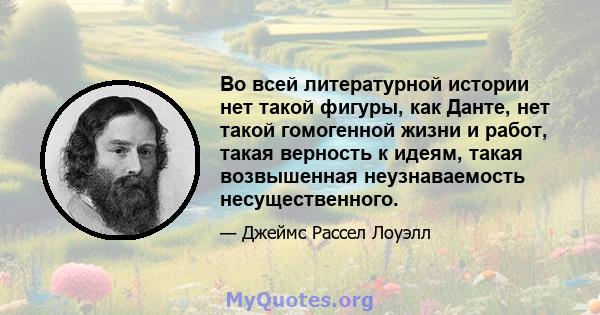 Во всей литературной истории нет такой фигуры, как Данте, нет такой гомогенной жизни и работ, такая верность к идеям, такая возвышенная неузнаваемость несущественного.