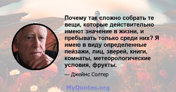 Почему так сложно собрать те вещи, которые действительно имеют значение в жизни, и пребывать только среди них? Я имею в виду определенные пейзажи, лиц, зверей, книги, комнаты, метеорологические условия, фрукты.