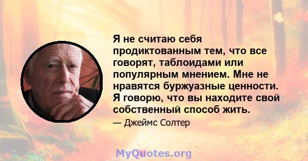 Я не считаю себя продиктованным тем, что все говорят, таблоидами или популярным мнением. Мне не нравятся буржуазные ценности. Я говорю, что вы находите свой собственный способ жить.