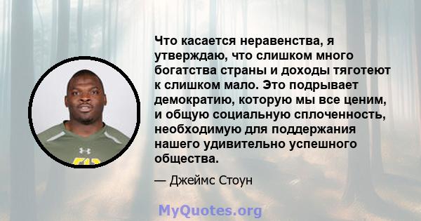 Что касается неравенства, я утверждаю, что слишком много богатства страны и доходы тяготеют к слишком мало. Это подрывает демократию, которую мы все ценим, и общую социальную сплоченность, необходимую для поддержания