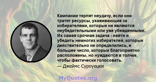 Кампании терпят неудачу, если они тратят ресурсы, ухаживающие за избирателями, которые не являются неубедительными или уже убежденными. Их самая срочная задача - найти и убедить немногих избирателей, которые