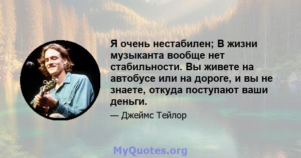 Я очень нестабилен; В жизни музыканта вообще нет стабильности. Вы живете на автобусе или на дороге, и вы не знаете, откуда поступают ваши деньги.