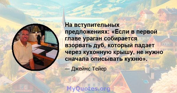 На вступительных предложениях: «Если в первой главе ураган собирается взорвать дуб, который падает через кухонную крышу, не нужно сначала описывать кухню».