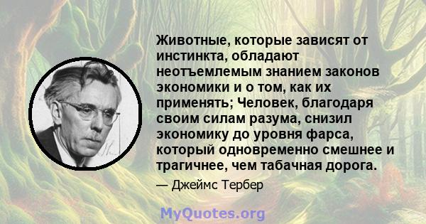 Животные, которые зависят от инстинкта, обладают неотъемлемым знанием законов экономики и о том, как их применять; Человек, благодаря своим силам разума, снизил экономику до уровня фарса, который одновременно смешнее и