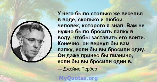 У него было столько же веселья в воде, сколько и любой человек, которого я знал. Вам не нужно было бросить палку в воду, чтобы заставить его войти. Конечно, он вернул бы вам палку, если бы вы бросили одну. Он даже