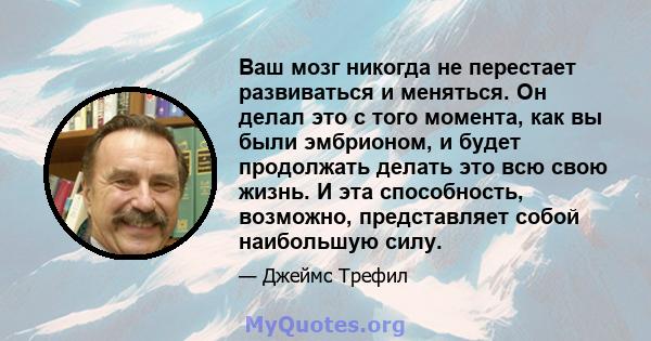 Ваш мозг никогда не перестает развиваться и меняться. Он делал это с того момента, как вы были эмбрионом, и будет продолжать делать это всю свою жизнь. И эта способность, возможно, представляет собой наибольшую силу.