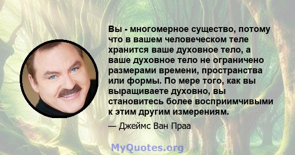 Вы - многомерное существо, потому что в вашем человеческом теле хранится ваше духовное тело, а ваше духовное тело не ограничено размерами времени, пространства или формы. По мере того, как вы выращиваете духовно, вы