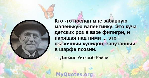 Кто -то послал мне забавную маленькую валентинку. Это куча детских роз в вазе филигри, и парящая над ними ... это сказочный купидон, запутанный в шарфе поэзии.