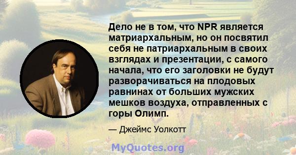 Дело не в том, что NPR является матриархальным, но он посвятил себя не патриархальным в своих взглядах и презентации, с самого начала, что его заголовки не будут разворачиваться на плодовых равнинах от больших мужских