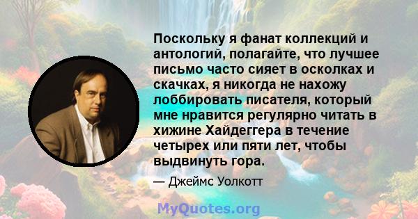 Поскольку я фанат коллекций и антологий, полагайте, что лучшее письмо часто сияет в осколках и скачках, я никогда не нахожу лоббировать писателя, который мне нравится регулярно читать в хижине Хайдеггера в течение