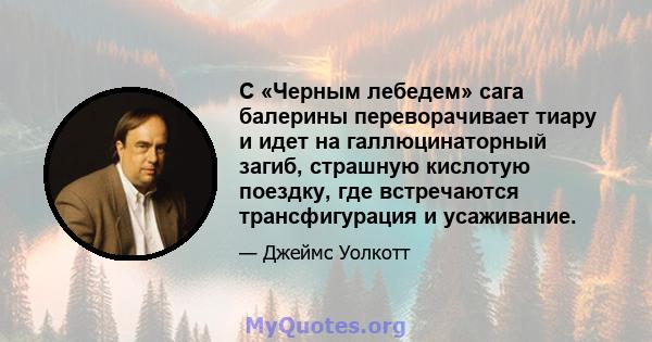 С «Черным лебедем» сага балерины переворачивает тиару и идет на галлюцинаторный загиб, страшную кислотую поездку, где встречаются трансфигурация и усаживание.