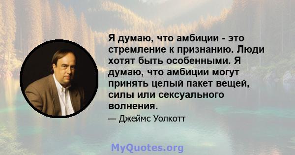 Я думаю, что амбиции - это стремление к признанию. Люди хотят быть особенными. Я думаю, что амбиции могут принять целый пакет вещей, силы или сексуального волнения.