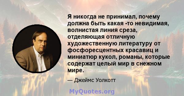 Я никогда не принимал, почему должна быть какая -то невидимая, волнистая линия среза, отделяющая отличную художественную литературу от фосфоресцентных красавиц и миниатюр кукол, романы, которые содержат целый мир в