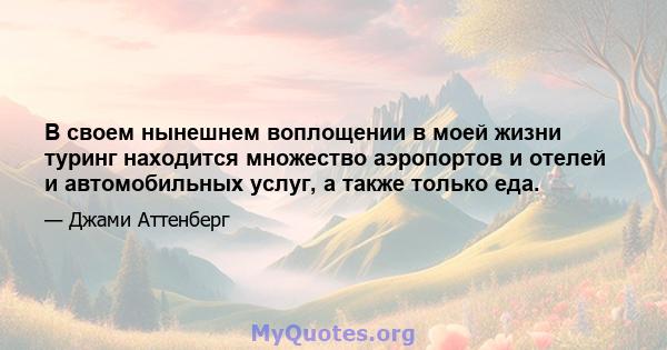 В своем нынешнем воплощении в моей жизни туринг находится множество аэропортов и отелей и автомобильных услуг, а также только еда.