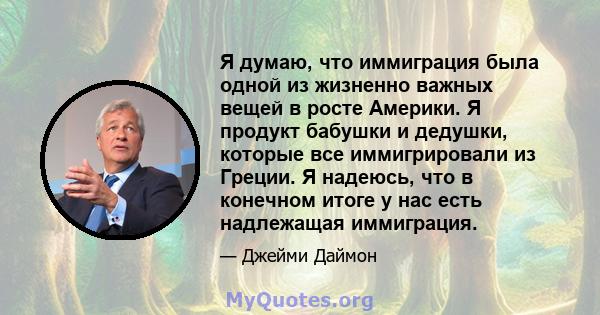 Я думаю, что иммиграция была одной из жизненно важных вещей в росте Америки. Я продукт бабушки и дедушки, которые все иммигрировали из Греции. Я надеюсь, что в конечном итоге у нас есть надлежащая иммиграция.