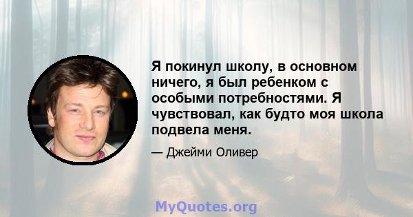 Я покинул школу, в основном ничего, я был ребенком с особыми потребностями. Я чувствовал, как будто моя школа подвела меня.