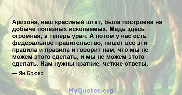 Аризона, наш красивый штат, была построена на добыче полезных ископаемых. Медь здесь огромная, а теперь уран. А потом у нас есть федеральное правительство, пишет все эти правила и правила и говорит нам, что мы не можем